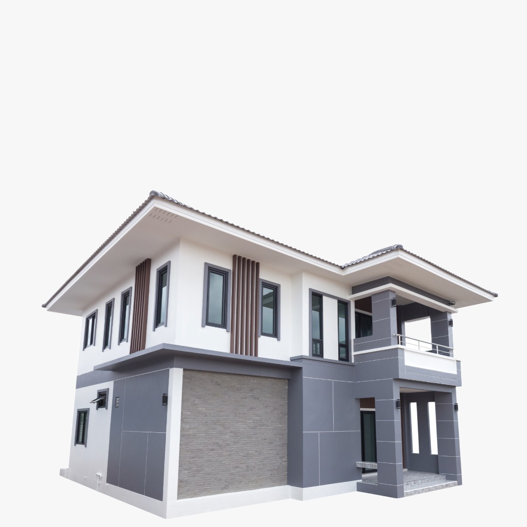 Modern two-storey house with white and grey facade